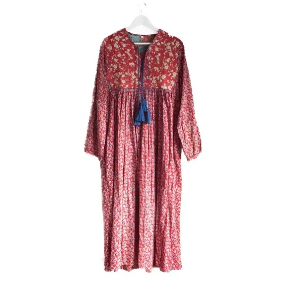 Indian Boho Block Print Hand Stitched Red Kantha Bodice Maxi Dress Sz Small - Picture 10 of 11